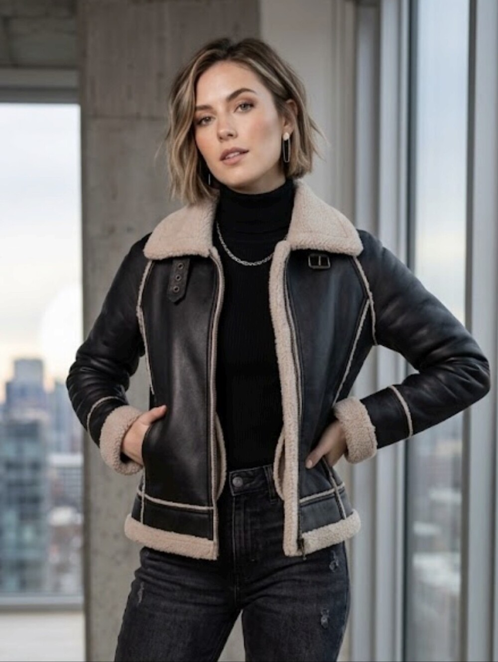 INC International Concepts Black Leather Jacket with Cream Shearling Trim Sz S.